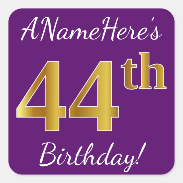 Pegatina Cuadrada Morado, Faux Gold 44th Birthday + Nombre personali (Anverso)