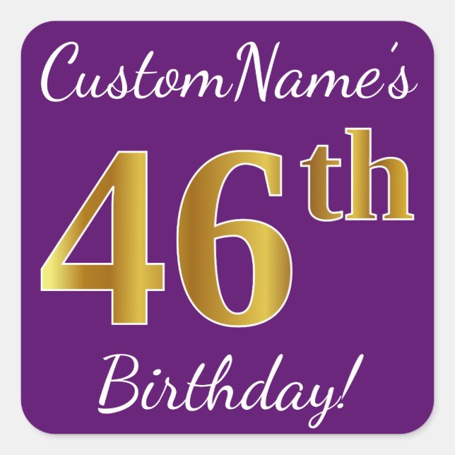Pegatina Cuadrada Morado, Faux Gold 46th Birthday + Nombre personali (Anverso)
