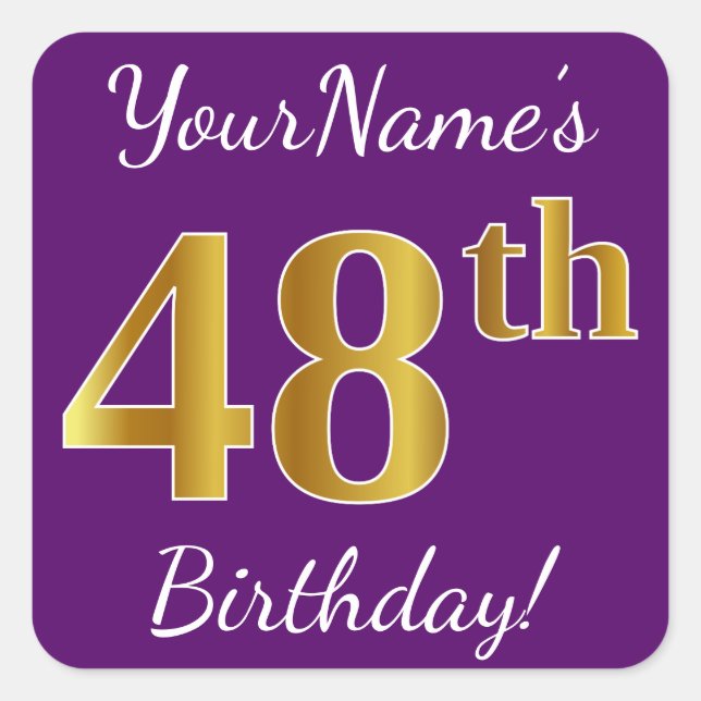 Pegatina Cuadrada Morado, Faux Gold 48th Birthday + Nombre personali (Anverso)