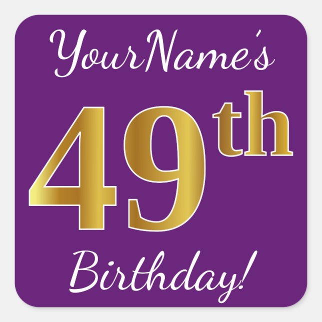 Pegatina Cuadrada Morado, Faux Gold 49th Birthday + Nombre personali (Anverso)