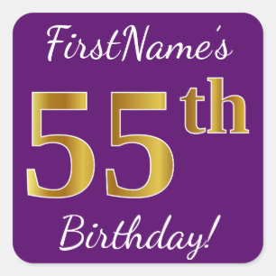 Pegatina Cuadrada Morado, Faux Gold 55th Birthday + Nombre personali