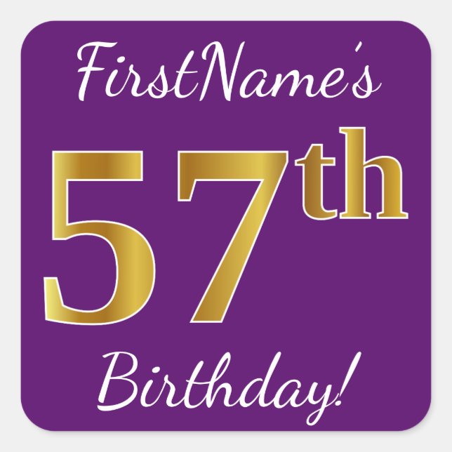 Pegatina Cuadrada Morado, Faux Gold 57th Birthday + Nombre personali (Anverso)