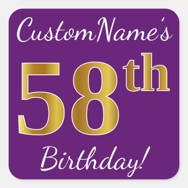 Pegatina Cuadrada Morado, Faux Gold 58th Birthday + Nombre personali (Anverso)