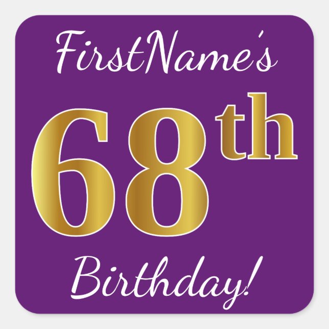 Pegatina Cuadrada Morado, Faux Gold 68th Birthday + Nombre personali (Anverso)