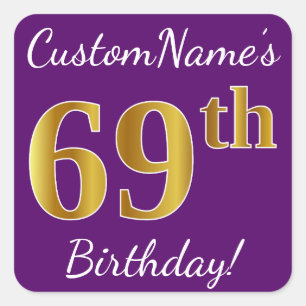 Pegatina Cuadrada Morado, Faux Gold 69th Birthday + Nombre personali