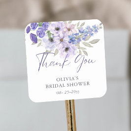 Pegatina Cuadrada Morado Flor Script Bridal Shower Gracias