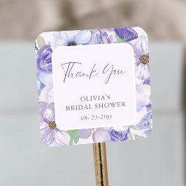 Pegatina Cuadrada Morado Flor Script Bridal Shower Gracias