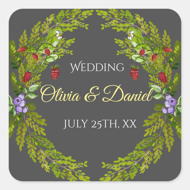 Pegatina Cuadrada Moras de la selva acuática boda wreath (Anverso)