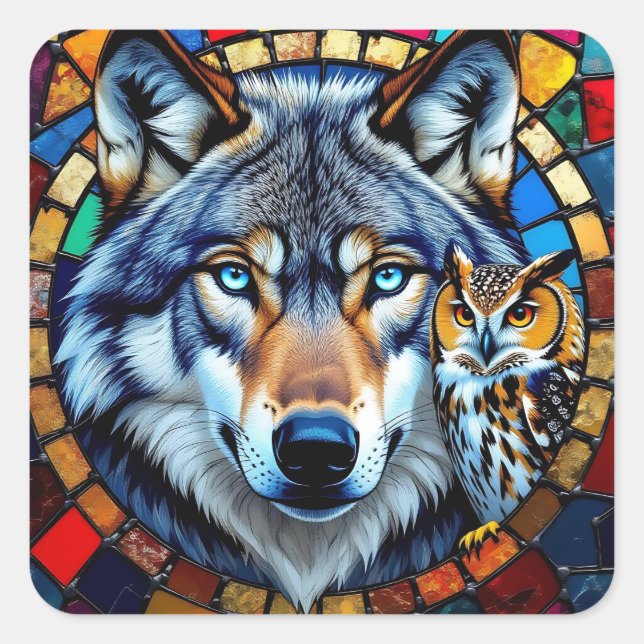 Pegatina Cuadrada Mosaic Style Owl and Wolf Wildlife Vibrant (Anverso)
