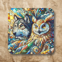 Pegatina Cuadrada Mosaic Tile Wolf y Owl