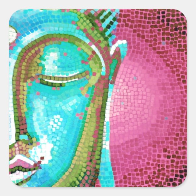 Pegatina Cuadrada Mosaico de Buda Azul y Rosa (Anverso)