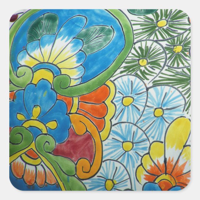 Pegatina Cuadrada Mosaico de flores de arte popular (Anverso)