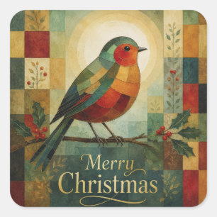 Pegatina Cuadrada Mosaico de Navidad Robin Pájaro Acebo Baya