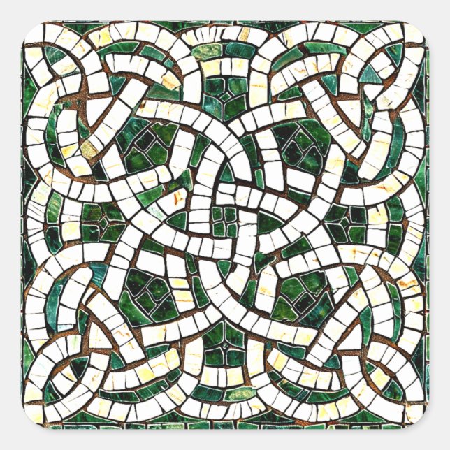 Pegatina Cuadrada Mosaico de piedra de nudo celta verde y blanco (Anverso)