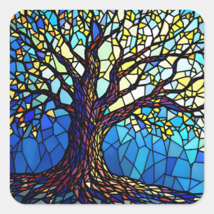 Pegatina Cuadrada Mosaico de Vidrio Roto del Árbol de la Vida