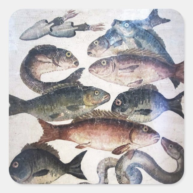 PEGATINA CUADRADA MOSAICOS ROMANOS ANTIGUOS, PESCADOS, ESCENA DE VID (Anverso)