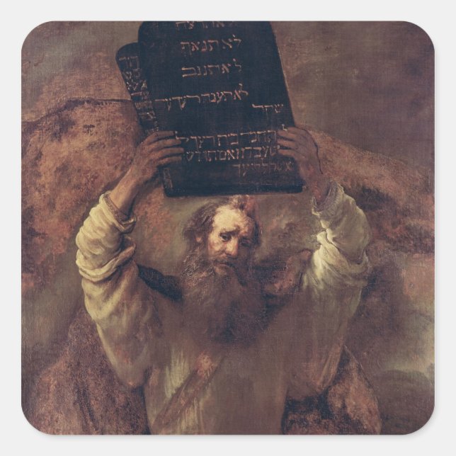 Pegatina Cuadrada Moses aplastando los tablets de la ley, 1659 (Anverso)