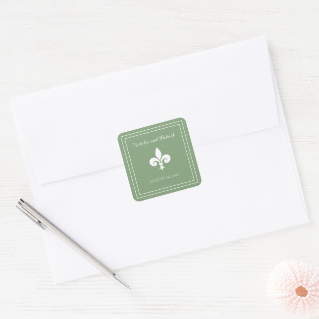 Pegatina Cuadrada Moss Green Fleur de Lis Wedding Stickers (Sobre)