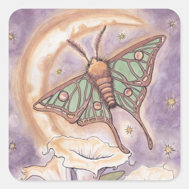 Pegatina Cuadrada Moth & Moonflowers (Anverso)