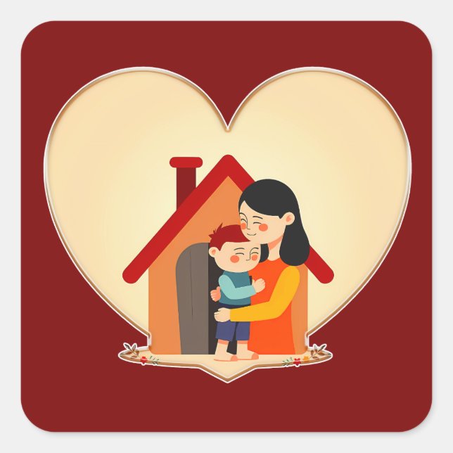 Pegatina Cuadrada Mother and Child Love Illustration – Warm Family (Anverso)