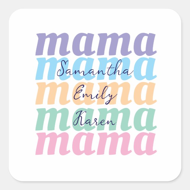 Pegatina Cuadrada Mothers day custom kids name MAMA gift (Anverso)