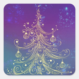 Pegatina Cuadrada Motif de árbol de Navidad dorado morado Verde azul