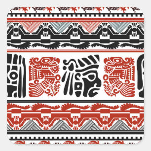 Pegatina Cuadrada Motivos indios, rojo negro, patrón sin costuras.