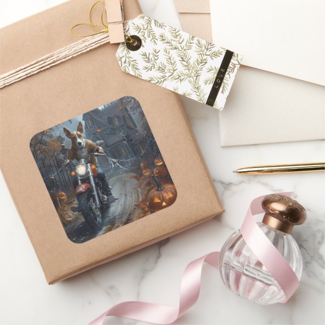 Pegatina Cuadrada Motocicleta Basenji Halloween Scary (Regalar)