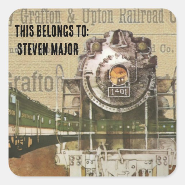 Pegatina Cuadrada Motor de vapor de tren de locomotora de nombre (Anverso)