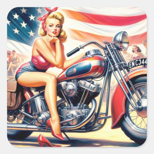 Pegatina Cuadrada Motorciclo Retro Pin Up (Anverso)