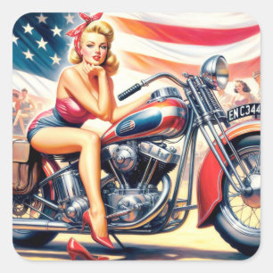 Pegatina Cuadrada Motorciclo Retro Pin Up