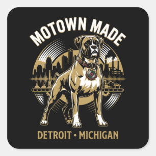 Pegatina Cuadrada Motown Made Detroit Boxer Dog Labor & Orgullo Musi