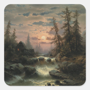 Pegatina Cuadrada Mountain Stream en la luz de la luna - Albert Rieg