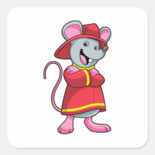 Pegatina Cuadrada Mouse as Firefighter with Helmet