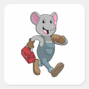 Pegatina Cuadrada Mouse como Handyman con Cuadro de herramientas