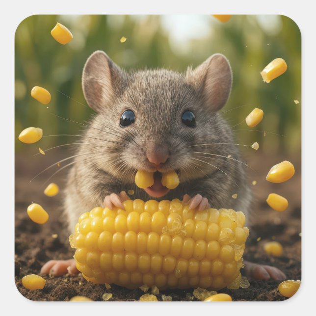 Pegatina Cuadrada Mouse Enjoying an Ear of Corn (Anverso)