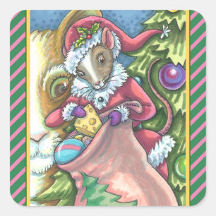 PEGATINA CUADRADA MOUSE SANTA TRAE BUENOS REGALOS DE NAVIDADES DE GA