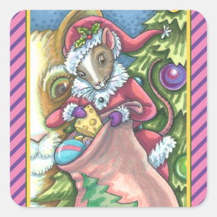 PEGATINA CUADRADA MOUSE SANTA TRAE BUENOS REGALOS DE NAVIDADES DE GA