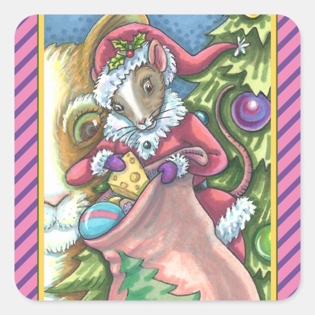 PEGATINA CUADRADA MOUSE SANTA TRAE BUENOS REGALOS DE NAVIDADES DE GA (Anverso)