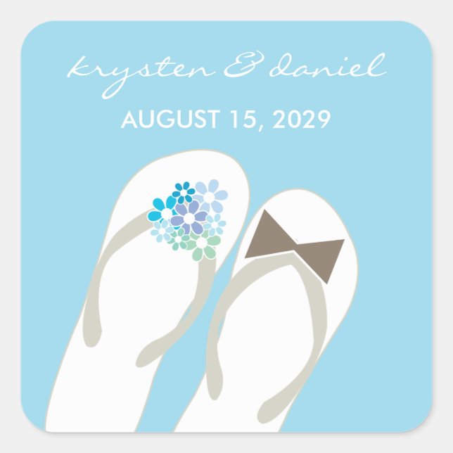 Pegatina Cuadrada Mr & Mrs Blue Flowers Flip Flops Beach Wedding (Anverso)