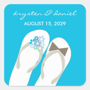 Pegatina Cuadrada Mr & Mrs Blue Flowers Flip Flops Beach Wedding
