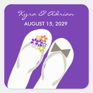 Pegatina Cuadrada Mr & Mrs Purple Flowers Flip Flops Beach Wedding