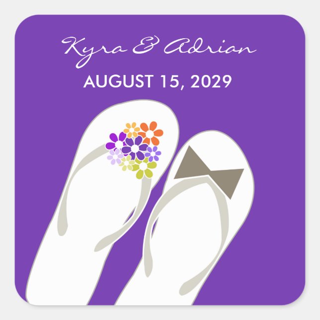 Pegatina Cuadrada Mr & Mrs Purple Flowers Flip Flops Beach Wedding (Anverso)