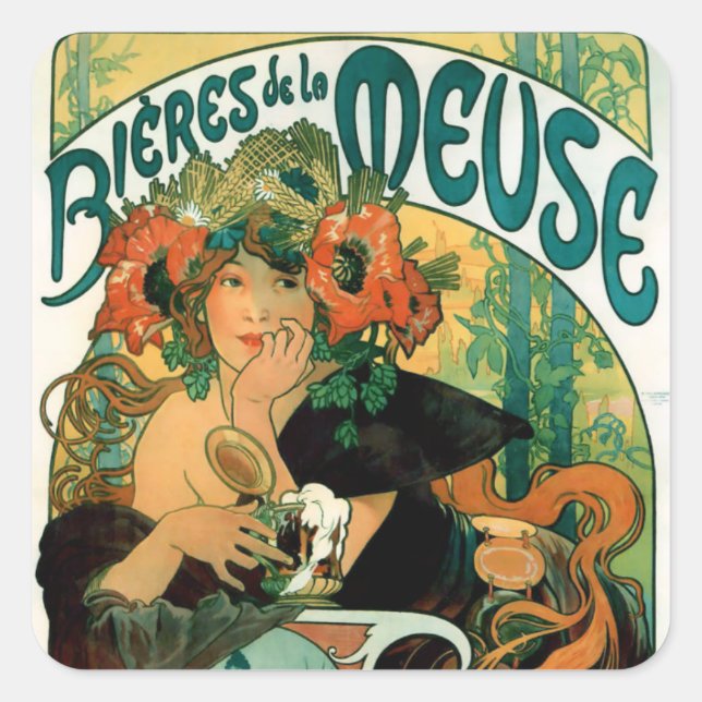 Pegatina Cuadrada Mucha: Bieres de la Mosa (Anverso)