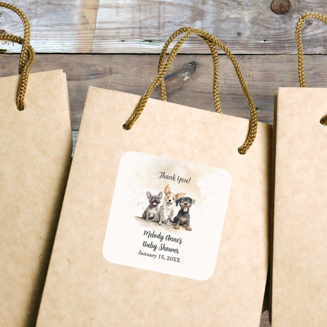 Pegatina Cuadrada Muchacho cachorro perro clava Baby Shower Gracias (Puppy Dog Tails Baby Shower Square Favor Thank You Sticker with Watercolor Puppies, Mom's Name, Date)