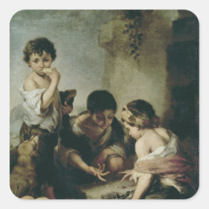 Pegatina Cuadrada Muchachos que juegan los dados, c.1670-75