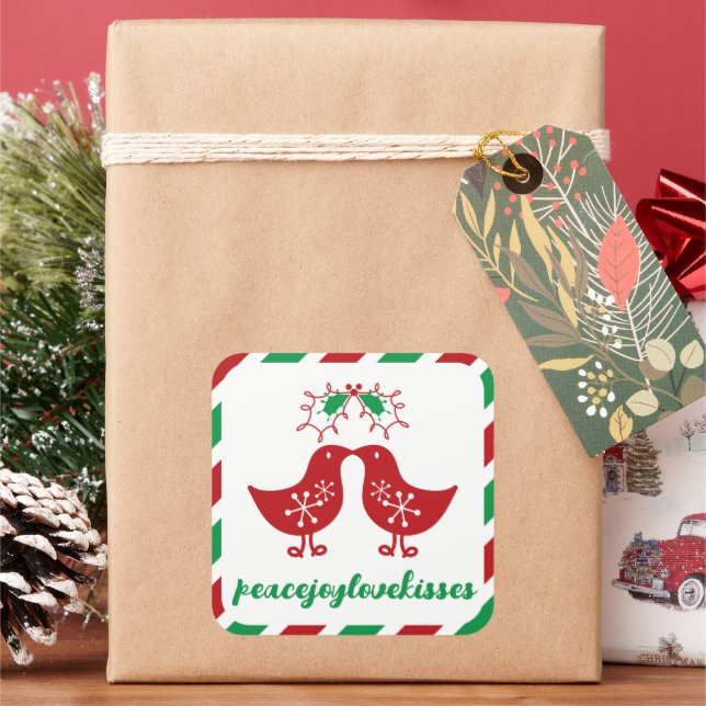 Pegatina Cuadrada Muérdago Besando Pollitas Sr y Sra 1er Navidad (Vacaciones)