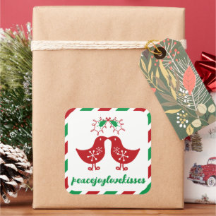 Pegatina Cuadrada Muérdago besando pollitos Sr & Sra 1er Navidad