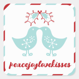 Pegatina Cuadrada Muérdago besando pollitos Sr y Sra 1er Navidad