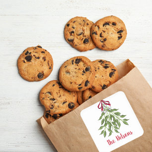 Pegatina Cuadrada Muérdago Navideño Verde Hojas 